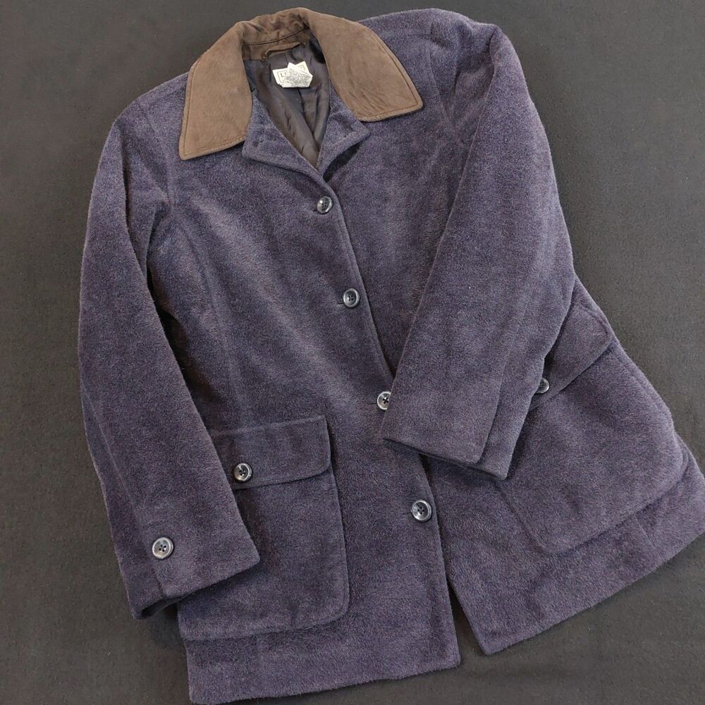 LL Bean Wool Blend Barn Coat Jacket Women's Med PET Blue Brown Suede Collar